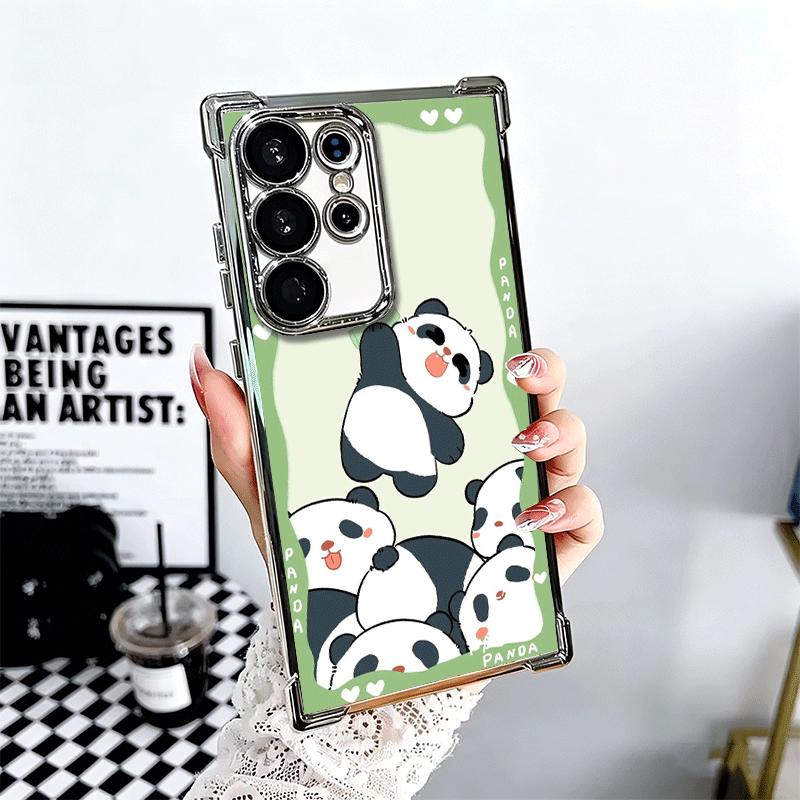 Cute Cartoon Panda Plating Phone Case For Samsung Galaxy S24 S25 FE S26 Edge S23 Ultra S22 S21 Plus S20 Anti-Fall Airabag Cover