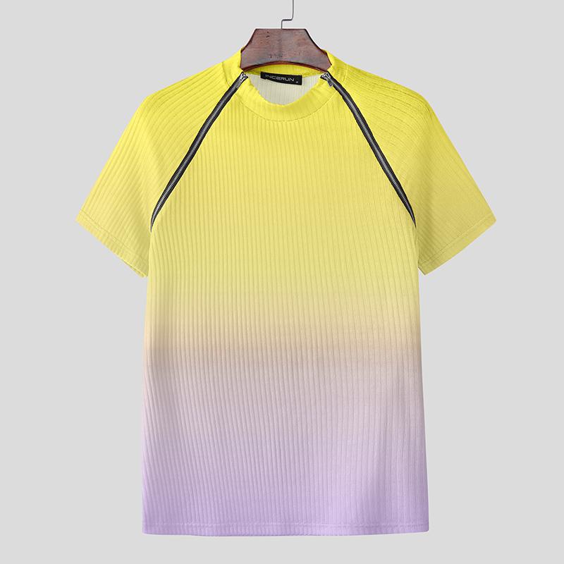 

INCERUN Men Short Sleeve Zip-up Gradient Rib T-shirts Tops жёлтый