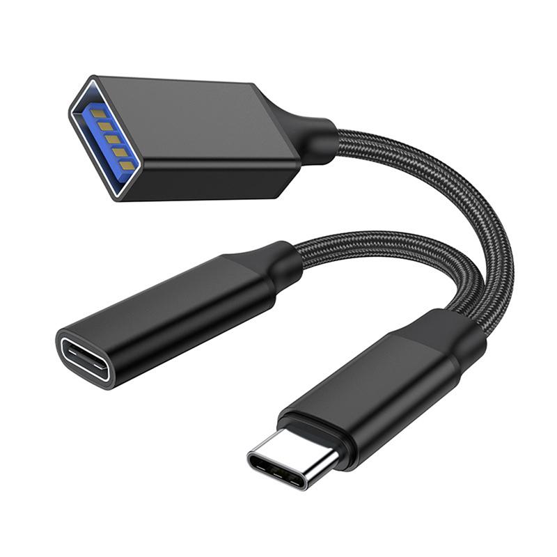 USB C OTG Cable Phone Adapter 2 In 1 Type C Male To USB C Female Charging Port With USB Female Splitter Adapter