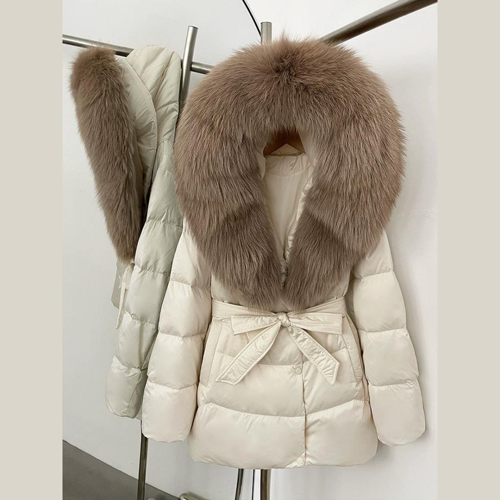 Winter Fox Big Fur Collar High-end Thickened Down Jacket Women's Mid-length Waist Imitation Leather Jacket