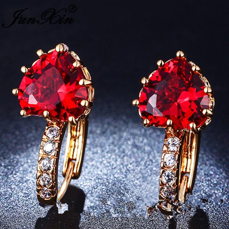 Gold Yellow Rose Color Heart Shaped Red Crystal Earrings Gift For Women Fashion Jewelry Gifts