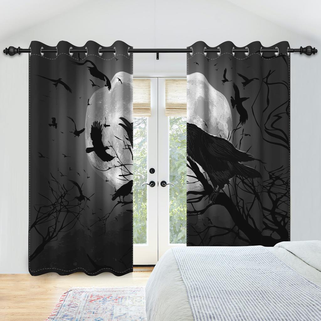 2pcs/set Horror Halloween Window Curtain Full Moon Night Tomb Iron Gate Back Room Home Bedroom Decor Blackout Polyester Curtains