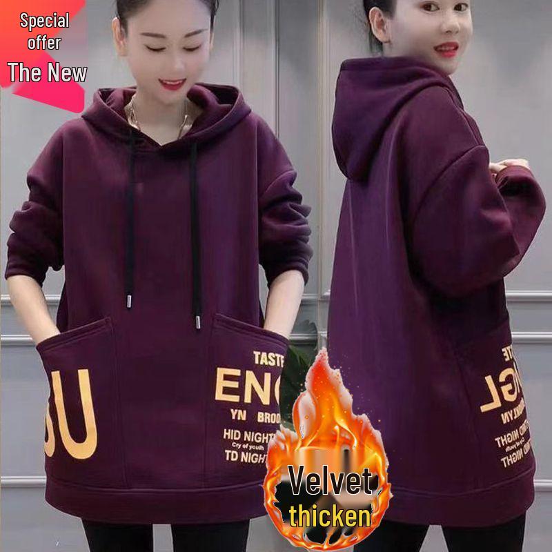 Plus Velvet Hooded Oversized Korean Style Women s Winter Sweatshirt with Pocket XL