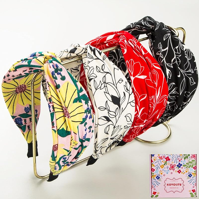 4 Pack Floral Printed Headbands Wide Cross Knot Headbands for Women Knotted Fashion Hair Bands-Classic Bohomia