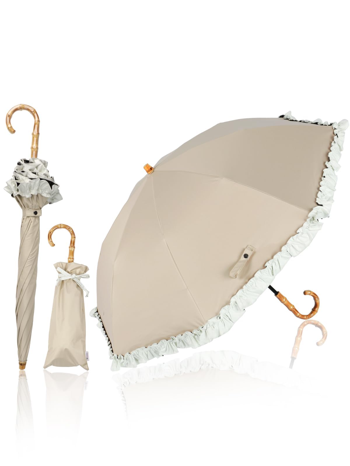 

KIZAWA Складной УФ-зонт с обратным открытием, Полный уровень защиты от света 5, Водо- и термостойкий, Подходит для солнца и дня, Бамбуковая ручка, Бежевый x Зонт, Двухсекционный, Защита, 100%