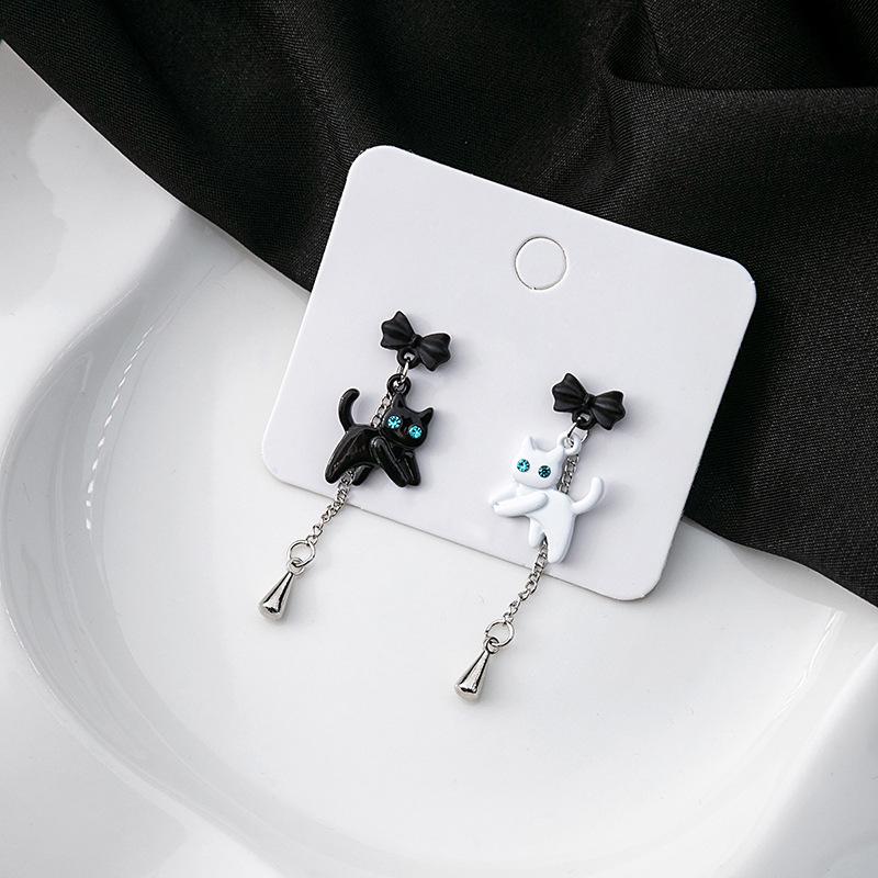 Silver Needle Cute Cat  Bow Asymmetrical Drop Earrings for Women - Sweet Japanese Korean Design