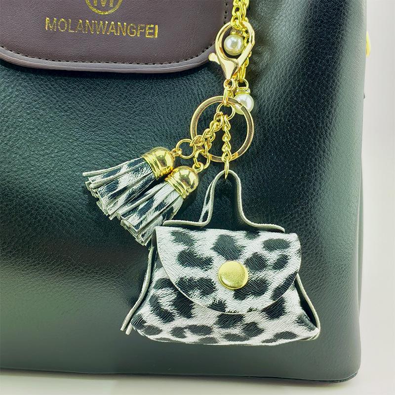 Leopard Print Change Bag Mini Bag Pendant Pu Leather Matte Leopard Print Fringed Keychain Bag Pendant