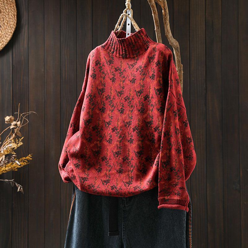 Women's Long Sleeve Turtleneck Sweater Mock Neck Floral Vintage Japanese Casual Pullover Knit Top