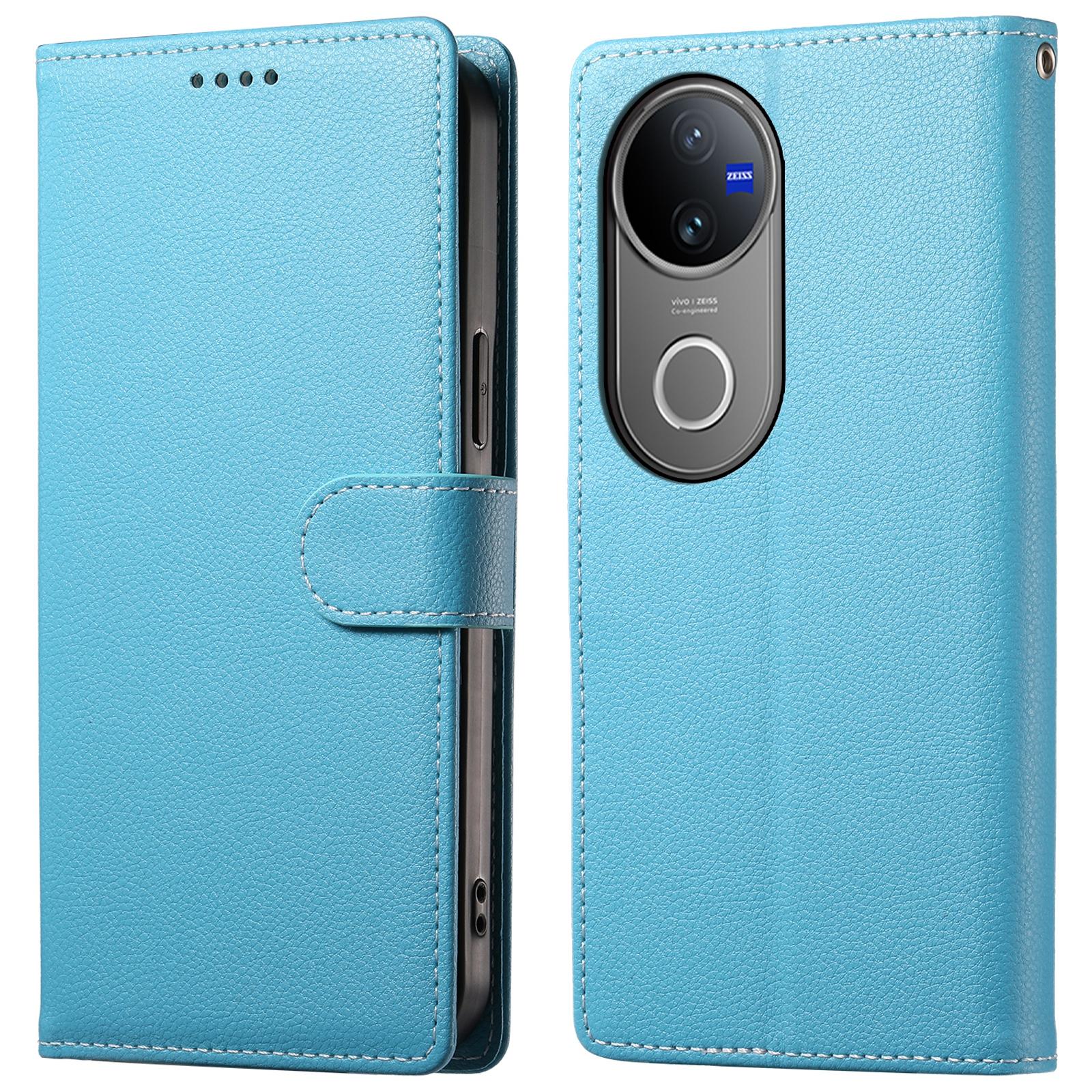 

For vivo V50 5G Stand Case Litchi Texture Leather Wallet Phone Cover Magnetic Snap Sky Blue