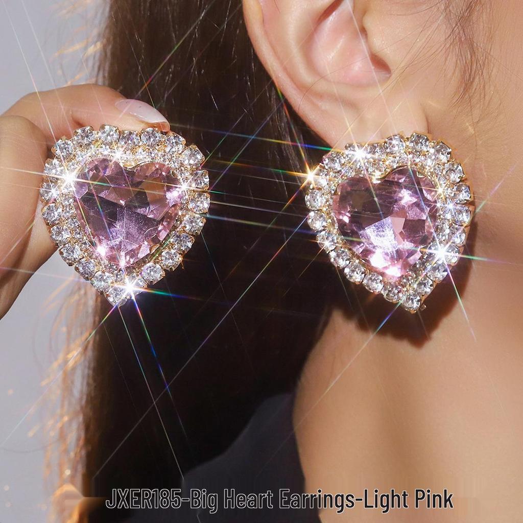 Exaggerated Geometric Heart Crystal Stud Earrings: Pink, Green, Black - Versatile Evening Ear Accessories
