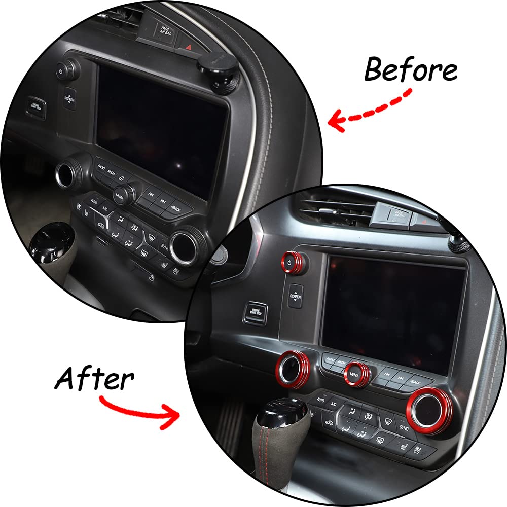METYOUCAR Set of Aluminum Alloy Air Conditioning and Volume Control Knob Decorative Rings for Chevrolet Corvette C7 4-Piece 2014-2019 (Red)