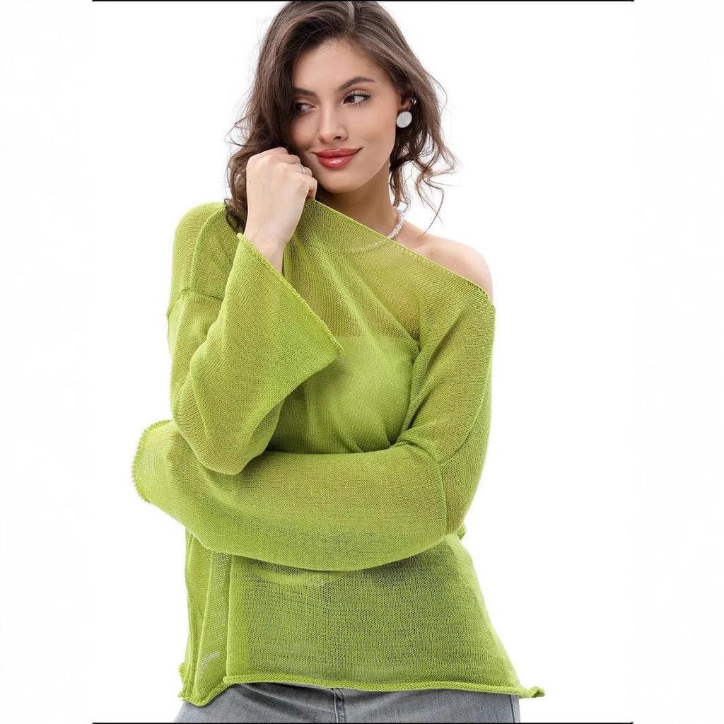European-American Thin Round Neck Bell Sleeve Knitted See-through T-shirt (Spring/Summer 2025 Collection)