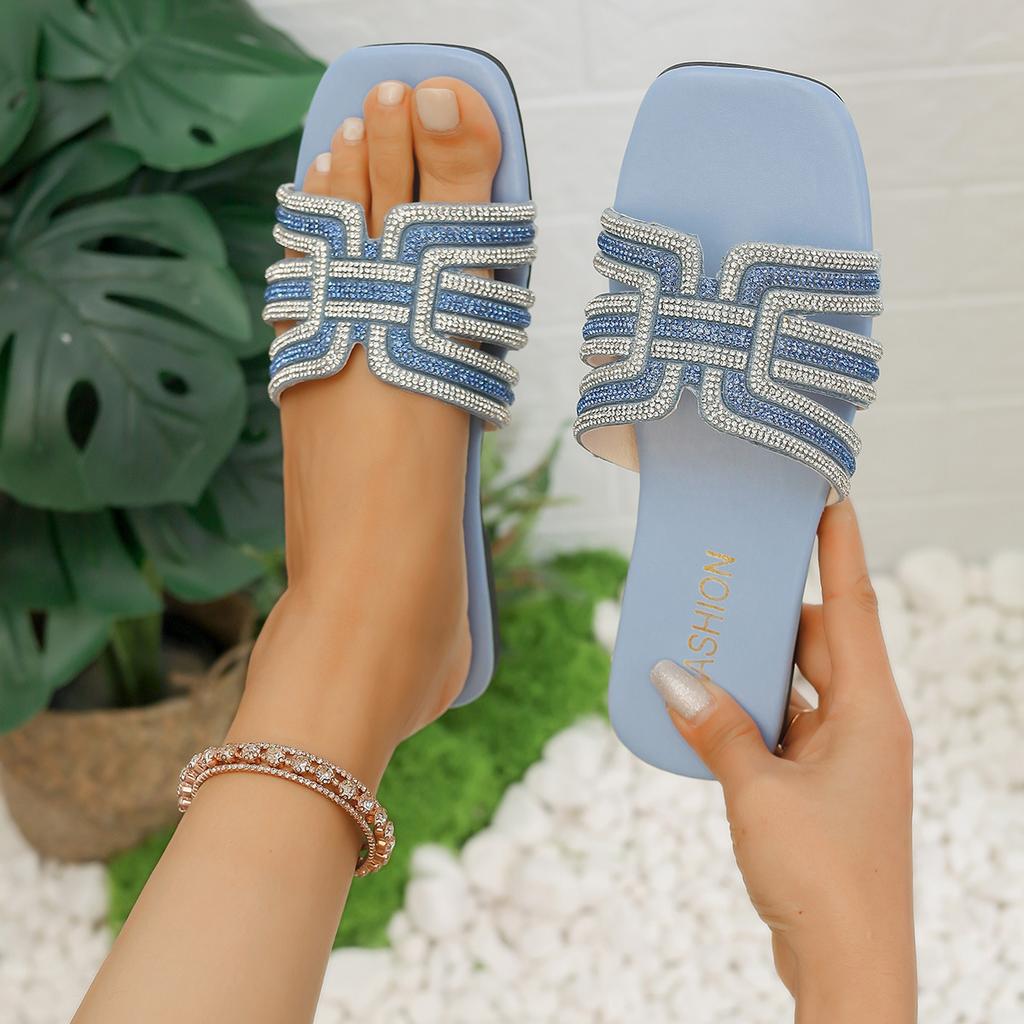 Open-toed sandals women's spring and summer outer wear 2025 new casual flat comfortable rhinestone beach shoes slippers large size