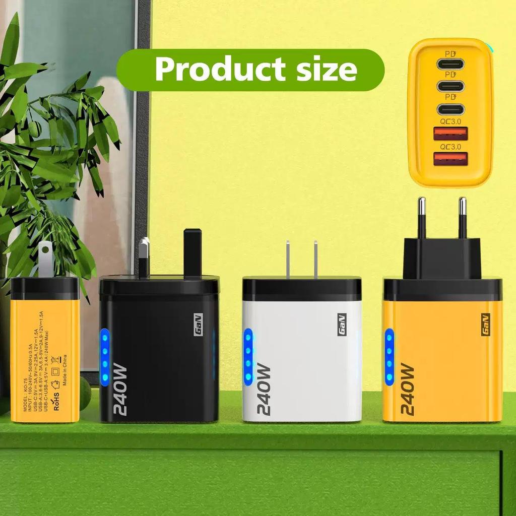 240W Dual USB + PD Fast Charger with Light, Multi-Port, US/EU Plug, for Smartphones
