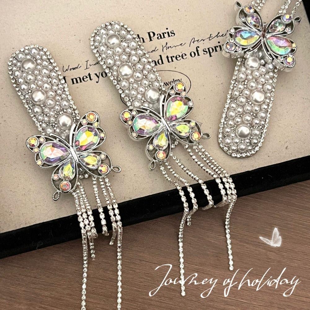 Pearls Butterfly Bang Clip Head Wear Rhinestone Side Clip Creative Tassel Hair Clip  Headwear