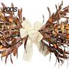 Decorative Wreath for Mantel 23.6" Artificial Olive Wreath, Faux Fall Leaf Teardrop Swag, Autumn Door Hanger Curved with Burlap Bow Thanksgiving Front