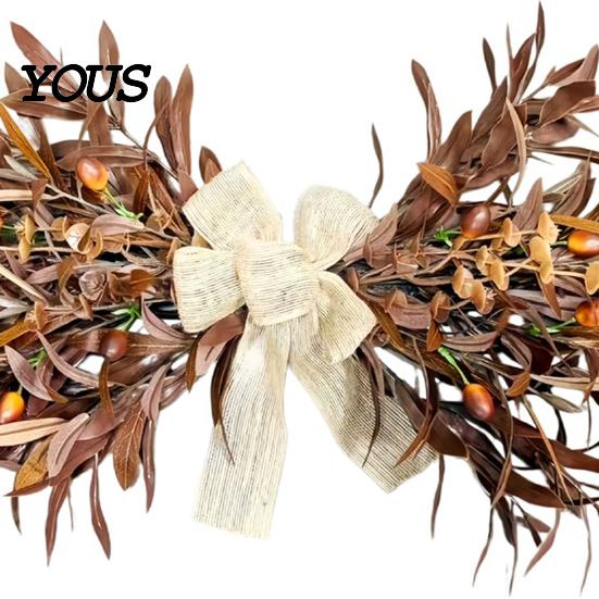 Decorative Wreath for Mantel 23.6" Artificial Olive Wreath, Faux Fall Leaf Teardrop Swag, Autumn Door Hanger Curved with Burlap Bow Thanksgiving Front