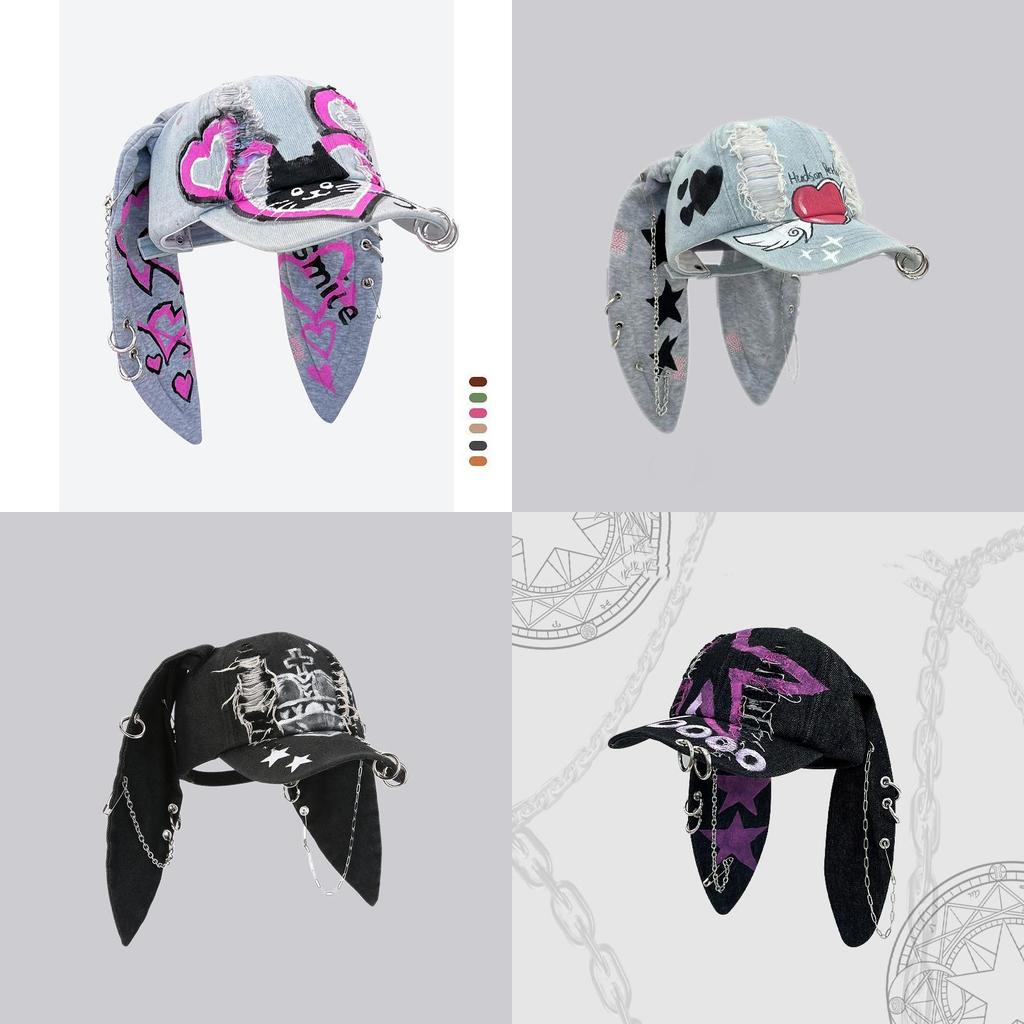 Postapocalyptic Rabbit Ear Distressed Baseball Cap With Sunblock For Street Fashion Enthusiasts