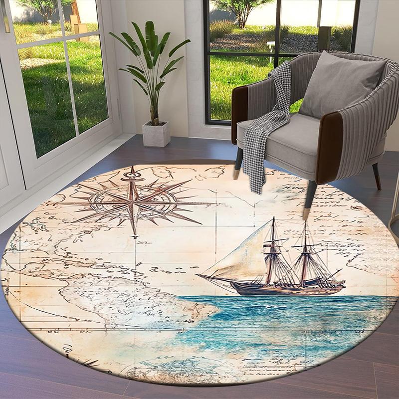 1pc Nautical Map Compass Ship Ocean Exploration Round carpet, Perfect for Decorating Chairs, Living Rooms, Or Bedrooms, for Living Room.083