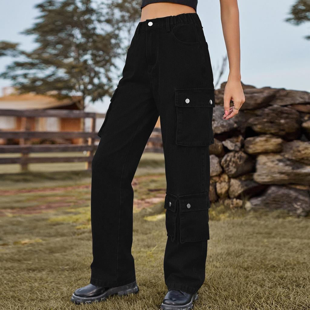 European-American Wash Denim Multi-Pocket Workwear Pants for Women