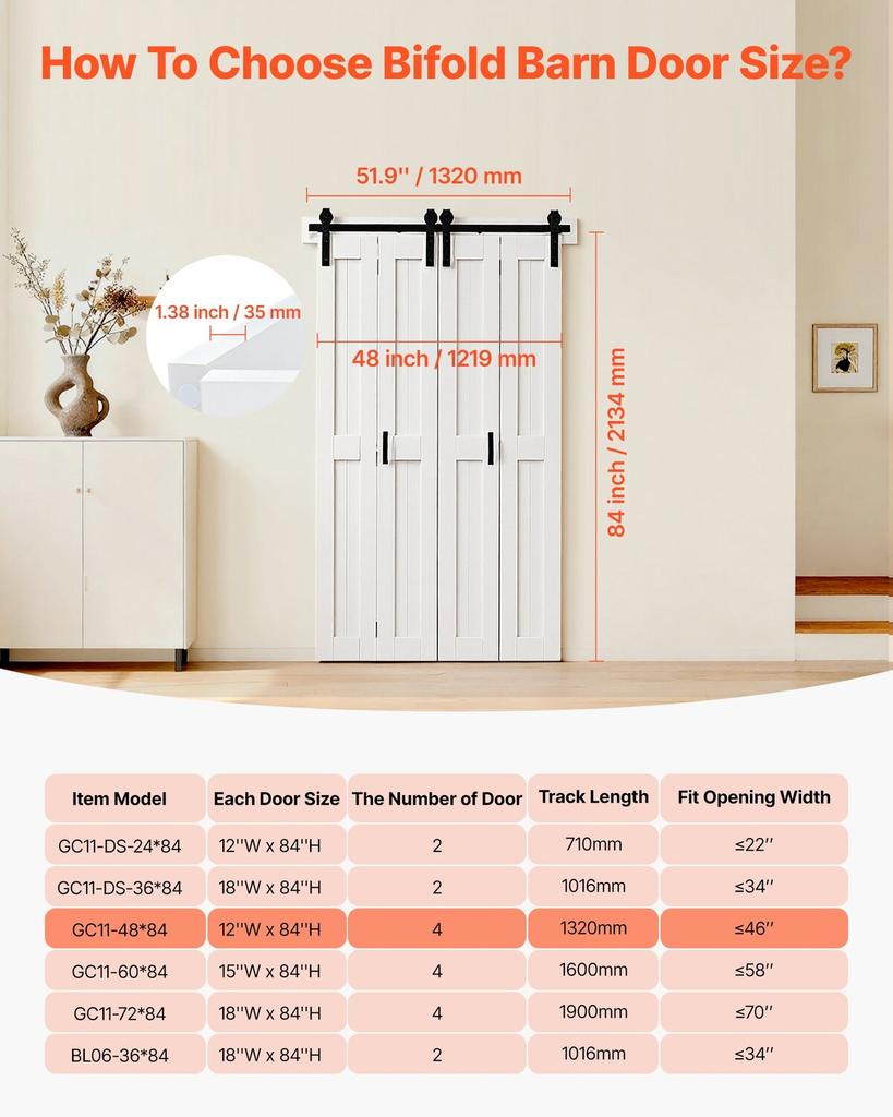Bifold Barn Door, 1219 x 2134 mm, MDF Bi-Fold Sliding Closet Doors, Hardware Kit Included, H-Frame Space-Saving Design, Pre-Assembled Panels for
