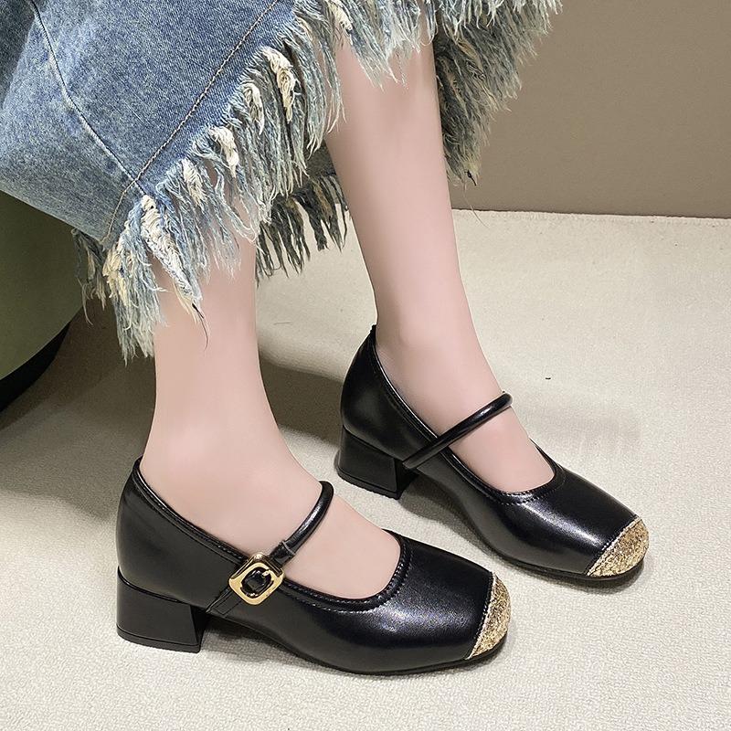 Small invisible inner height increase shallow thick heel single shoes trendy summer new square head high heel Mary Jane women's shoes