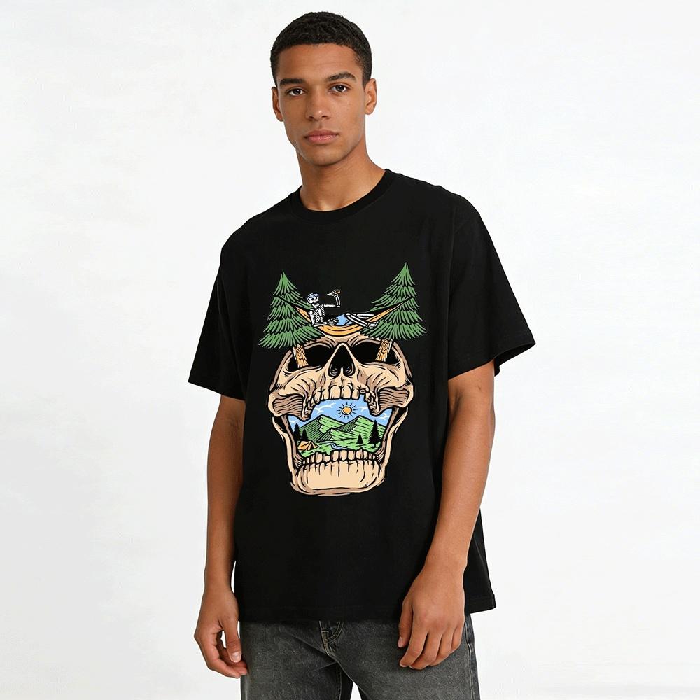Skeleton Camping Graphic Outdoor Casual T-Shirt Pure cotton T-shirt