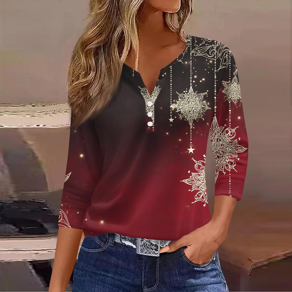 Women's Casual Fashion V-neck Loose Versatile Christmas Print Three-quarter Sleeve Top