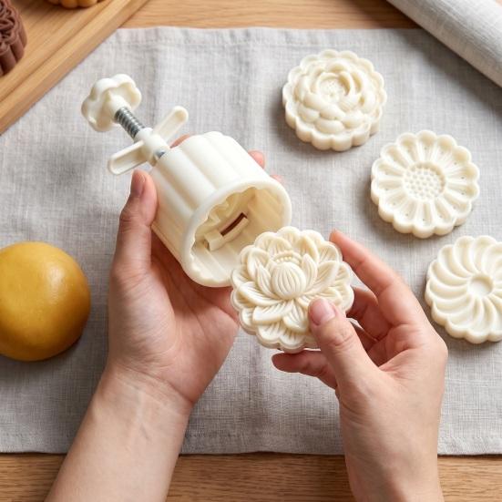 Baking Tools for Pastry Hand Press Mooncake Mold, Peony And Lotus Flower Stamps Plastic Kitchen Gadgets Cookies Tool, Handmade Supplies DIY