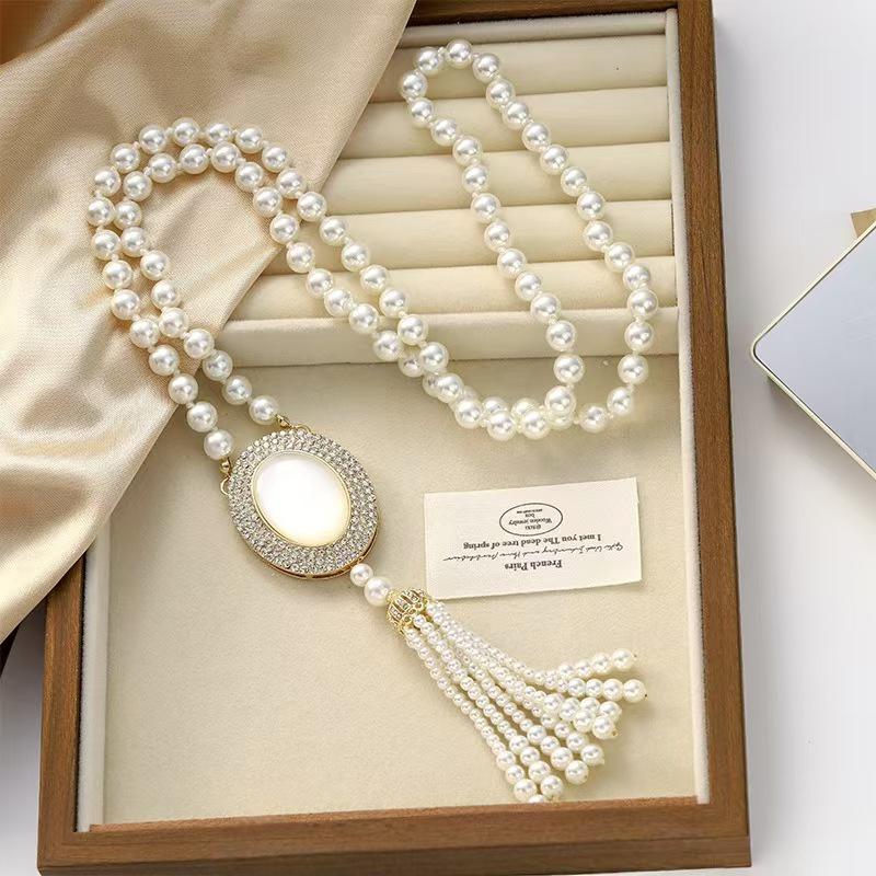 New Luxury Oval Cat's Eye Stone Pearl Sweater Necklace Pendant
