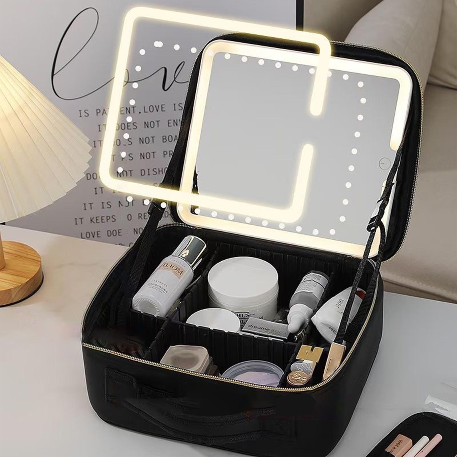

Большая вместительная многофункциональная полноэкранная косметичка с зеркалом, портативная водонепроницаемая кожаная косметичка для хранения косметики чёрный