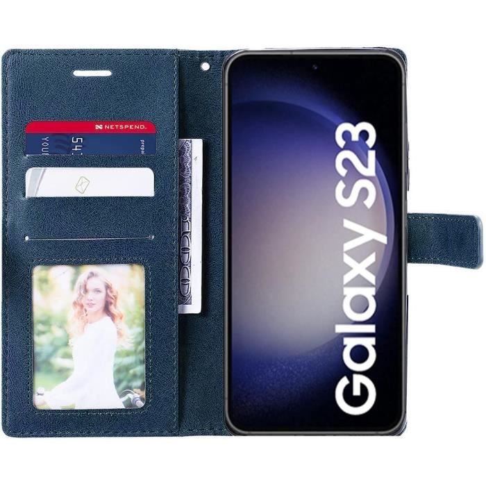 Coque + 2 Verres Trempés pour Samsung Galaxy S23 - Coque Flip Case Effet Cuir Bleu Marine