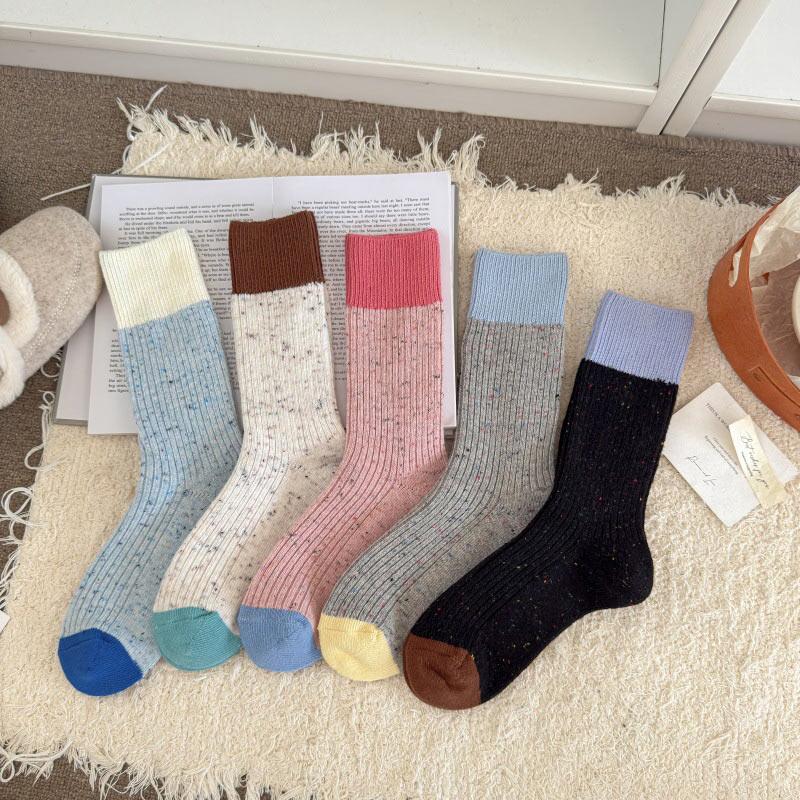 Spring Autumn Socks Double Needle Middle Tube Socks Thickened Warm Retro Women's Stacked Sports Socks Dot Yarn Korean INS Style