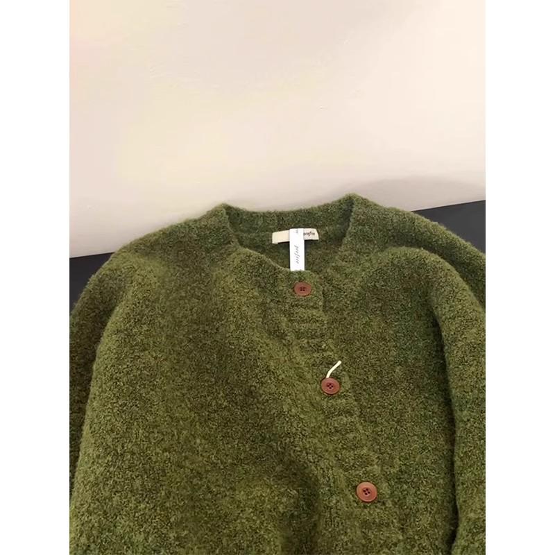 Women's Retro Avocado Green Round Neck Knit Cardigan - Soft, Loose, Thick Sweater Coat for Autumn/Winter