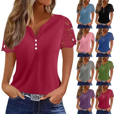 Damen Top V-Ausschnitt Spitze Kurzarm Locker Lässig Einfarbig T-Shirt