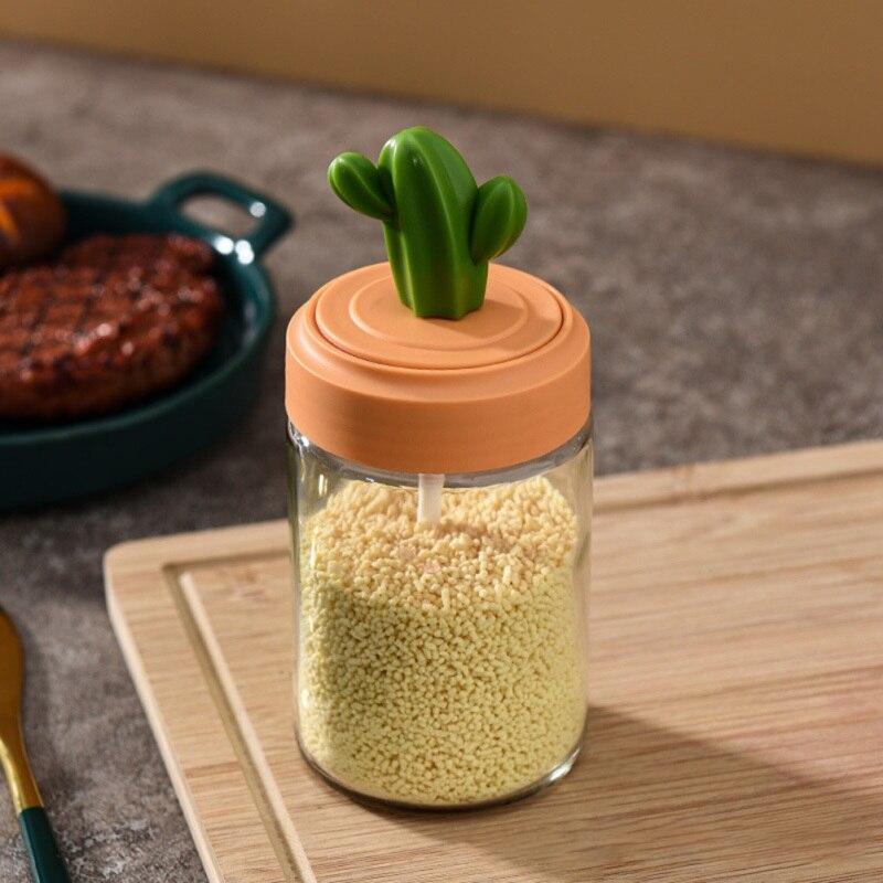 Transparent Glass Spice Jar For Salt Sugar Pepper Powder With Cactus Lid And Spoon Seasoning Bottle Salt Glass Jar For Kitchen