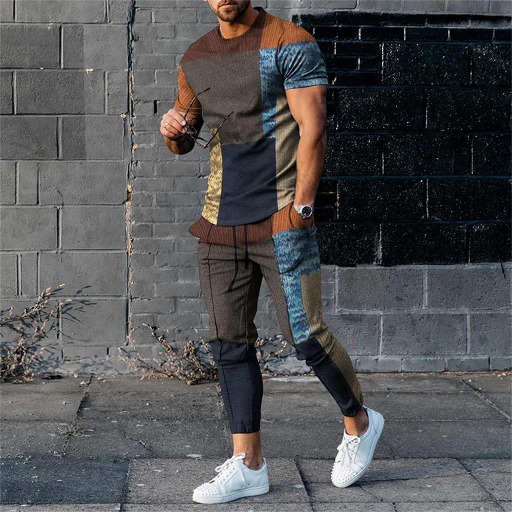 Set T-shirt e Pantaloni da Uomo Estate Manica Corta T-shirt Oversize Tute con Pantaloni da Tuta Completi con Stampe Pantaloni Tute Abbigliamento da Uomo