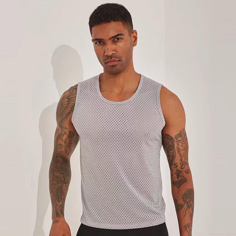 Men's Quick-Dry Ice Silk Mesh Tank: Breathable, Sleeveless Sports Base Layer with Wide Shoulders and Round Neck