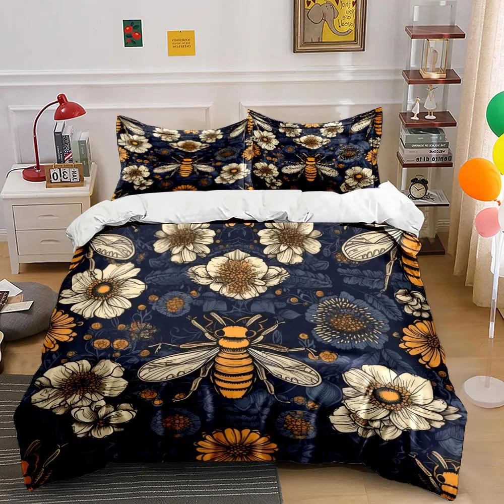 Bee and Floral Home Decor Set Soft Comfortable Duvet Cover Bedding Set Included 1*Duvet Cover & 2*Pillowcases Gift