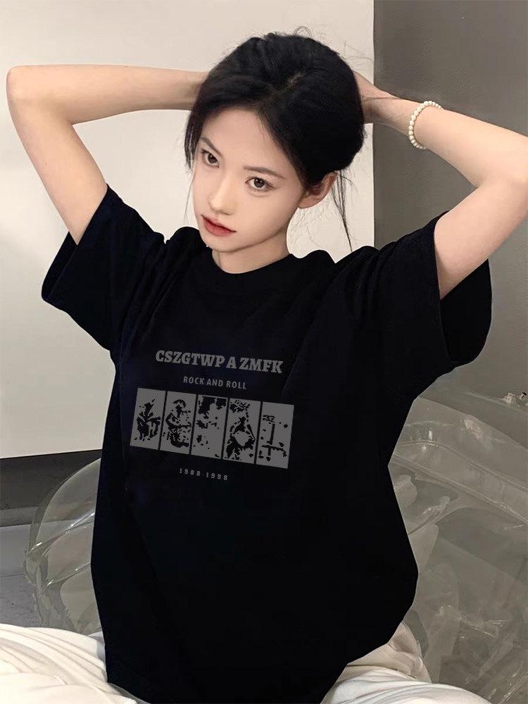 Pure cotton black short-sleeved women's t-shirt new popular summer unique design niche top loose t-shirt
