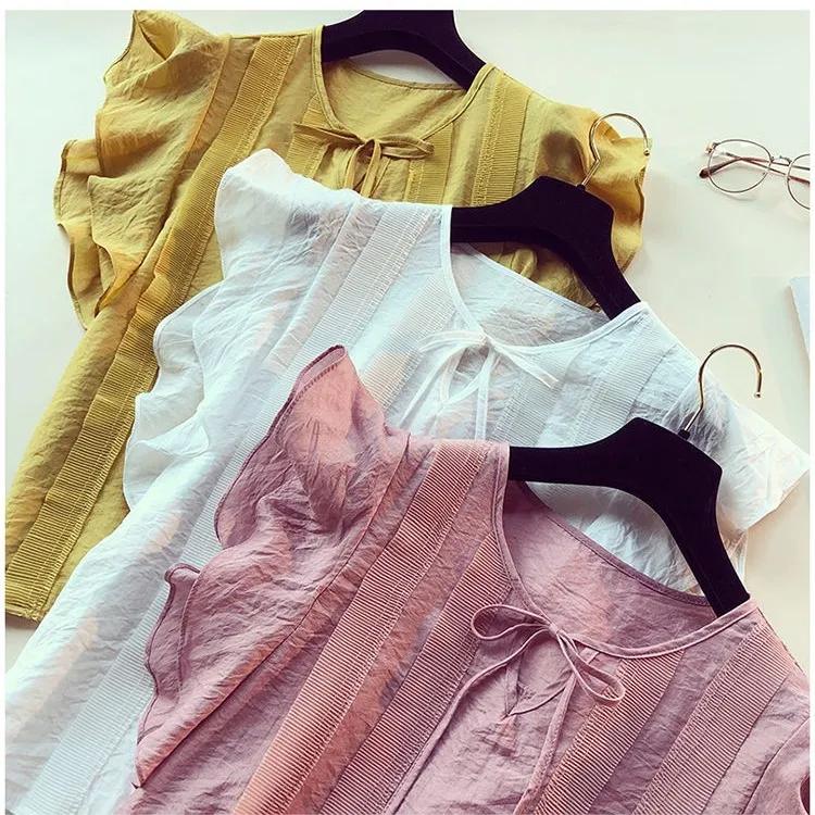 Camisa de gasa de manga corta, suelta, fresca, de color liso, de verano para mujer, top sencillo con volantes y lazo