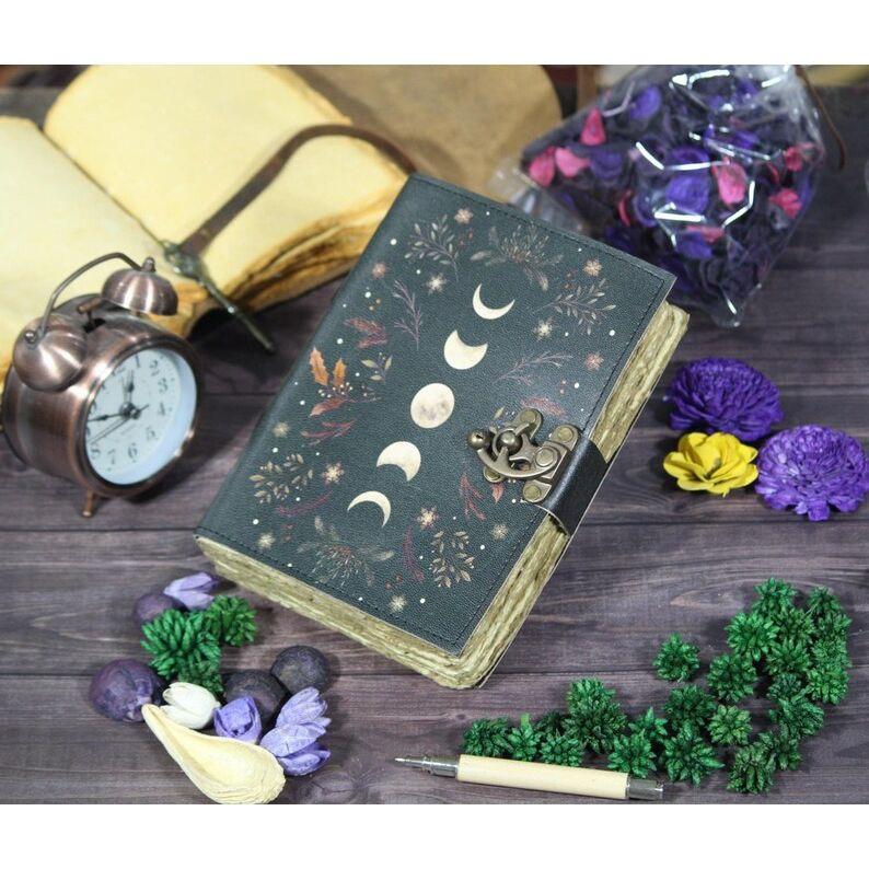 Moon Phases Leather Journal: Antique Deckle Edge Paper Grimoire