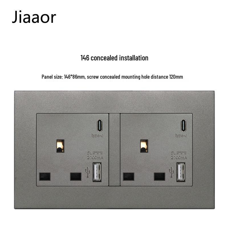 Grey British Standard Double Gang Switch Socket with USB & Type C - Hong Kong/Macau Compatible, Concealed 86 Type