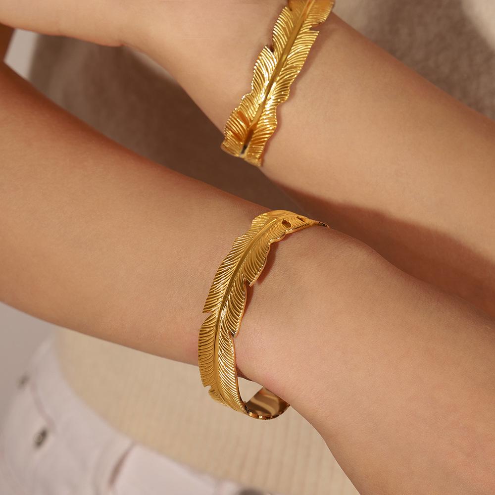 18K Gold Titanium Steel Feather Open Cuff Bracelet - Stylish Wide Design for Couples
