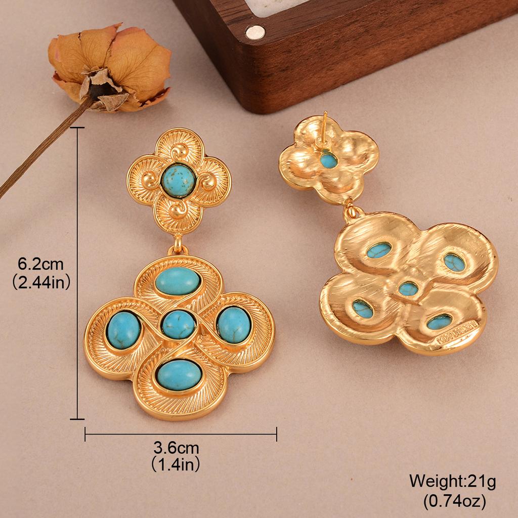 Medieval vintage earrings turquoise exaggerated flower fringed earrings court style thin personality stud earrings