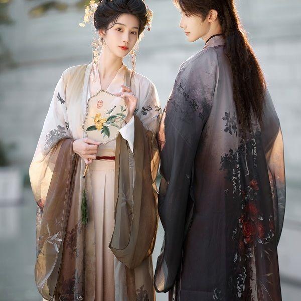 Seria Ink Rose w stylu chińskiej dynastii Song, kołnierz krzyżowy, długość do talii, nadruk, romantyczny garnitur dla mężczyzn i kobiet