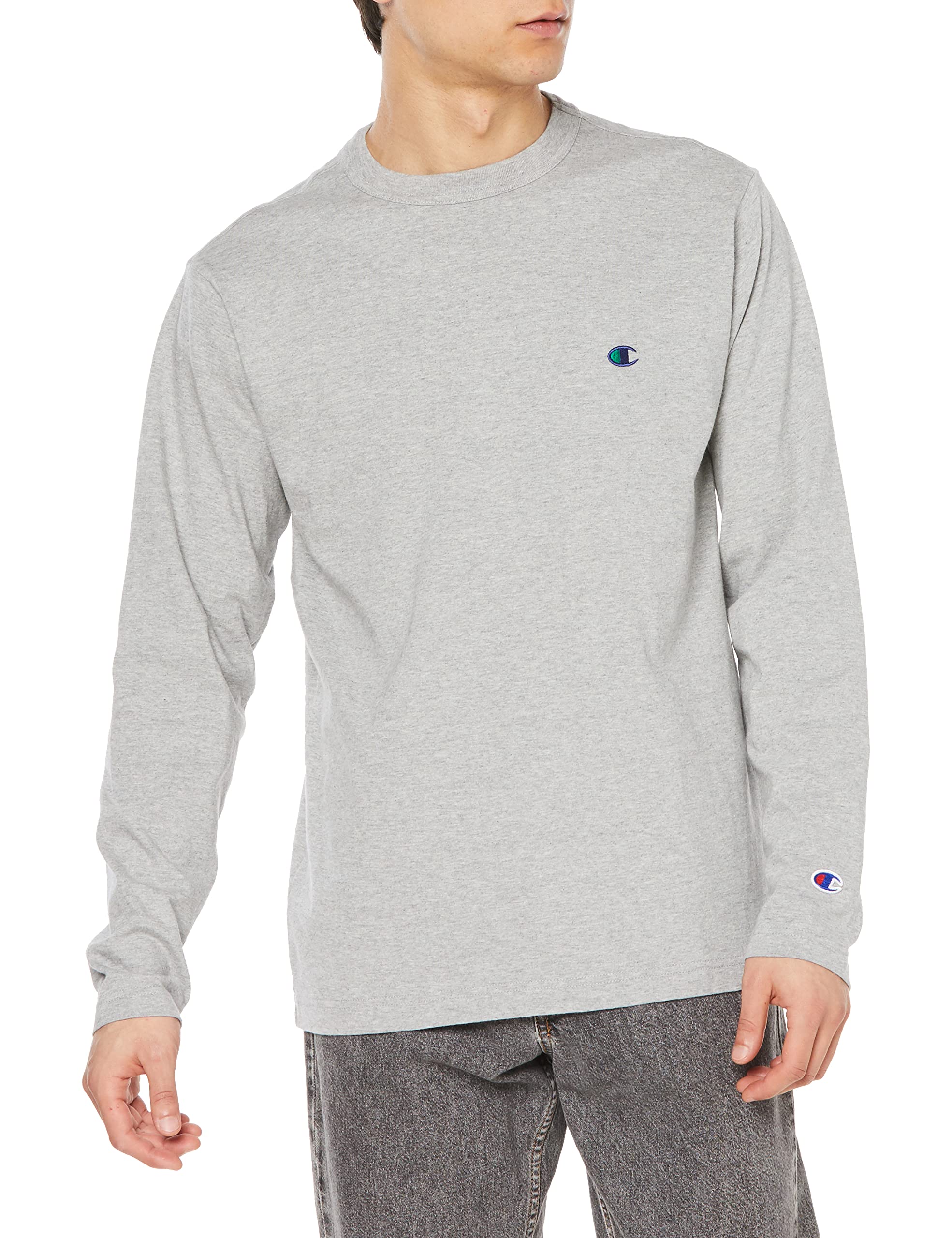 

Champion Long Sleeve Crew Embroidered Custom Oxford Size M Men s T-Shirt, 100% Cotton, Neck, Single-Point Logo, 20s, Order, Basic, C8-X408, Gray, серый