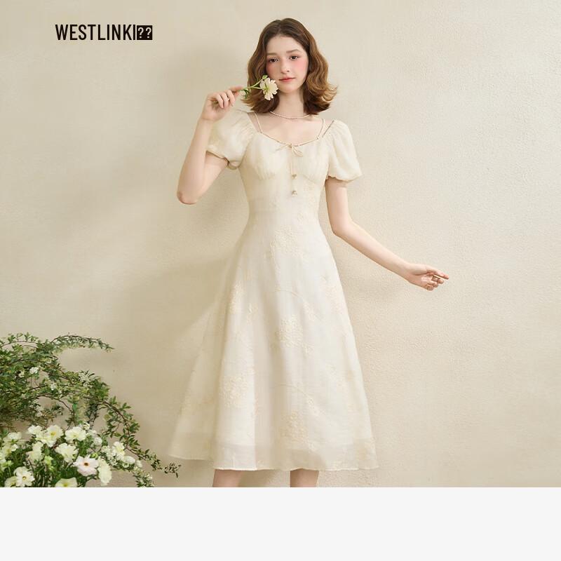 

Textured Embroidered Square-Neck Puff Sleeve Long Dress S (155)
