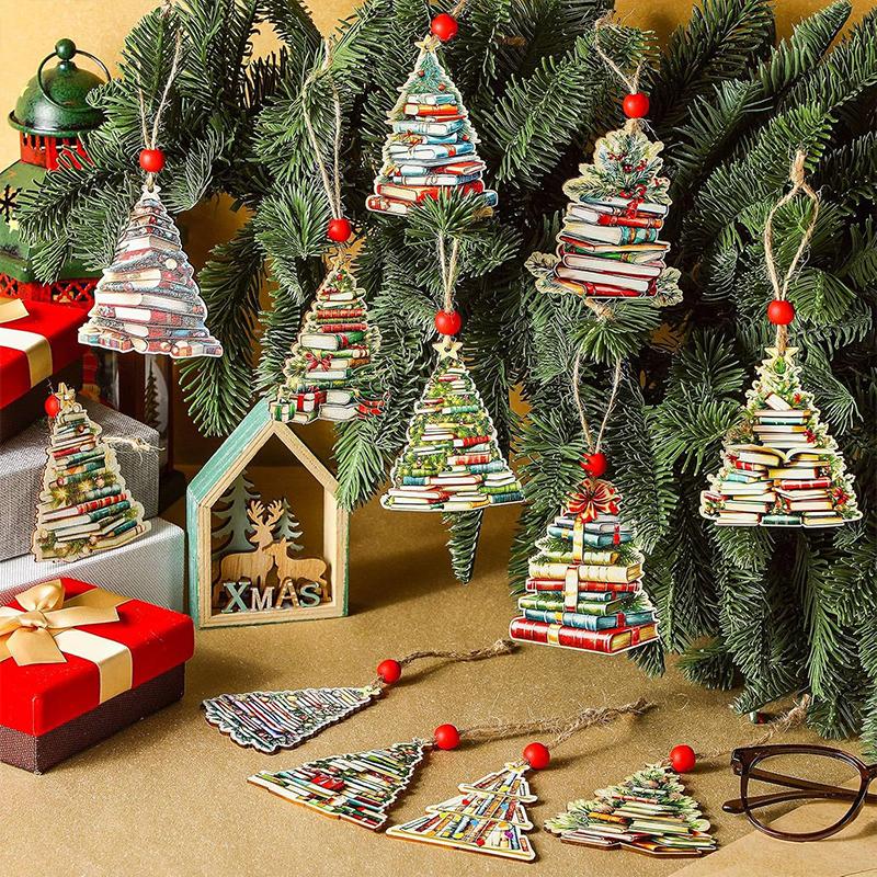12PCS Book Pendant Colorful Multi-element Christmas Tree Decoration Suspension Rope Exquisite Wooden Gift Holiday