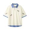 Korean Dog Embroidery Plaid Polo Short Sleeve T-Shirt Summer Retro Couple T-shirts Splicing Fake Two Pieces Simple Tops